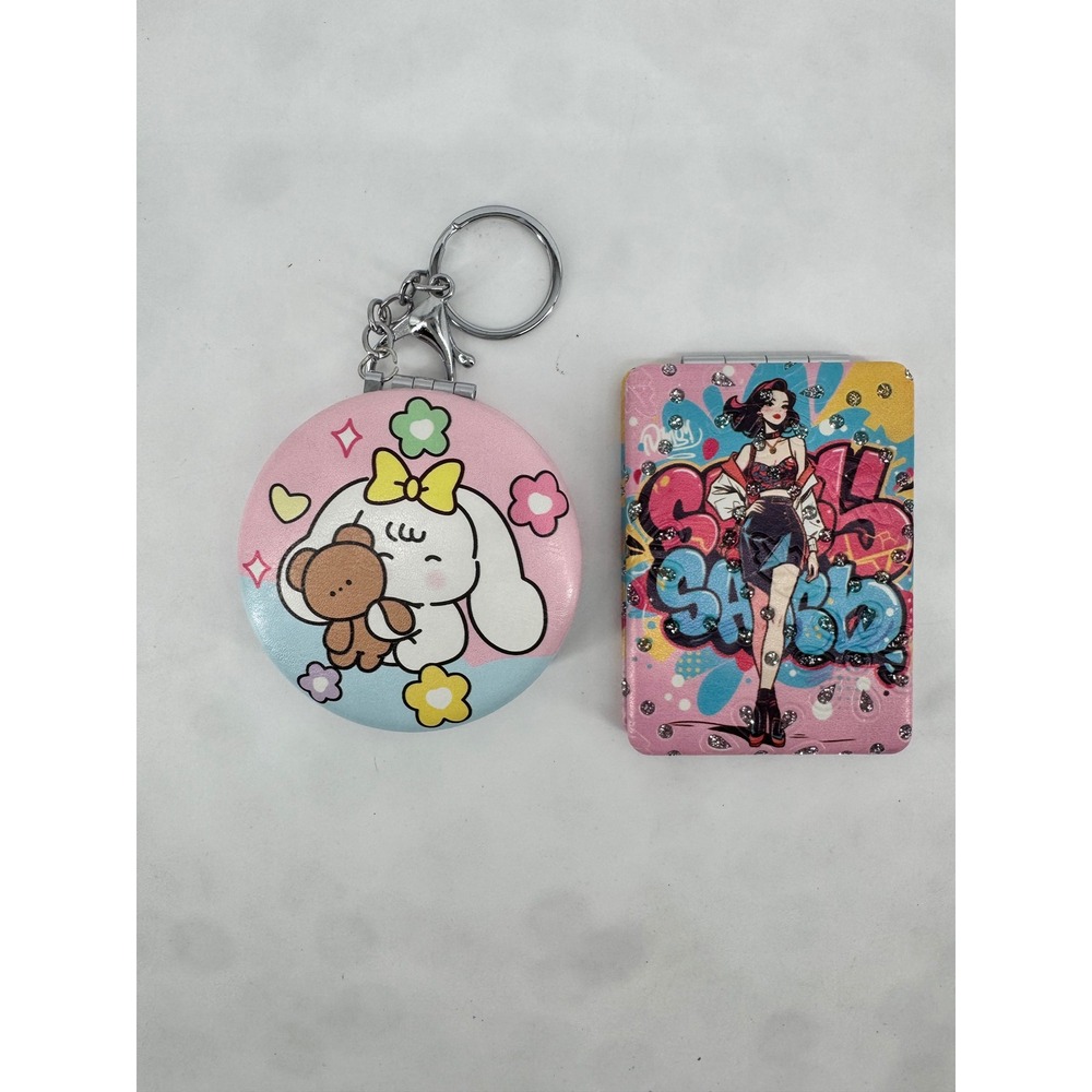 Kawaii Compact Mirror Set Round Bunny Keychain and Graffiti Girl Rectangular